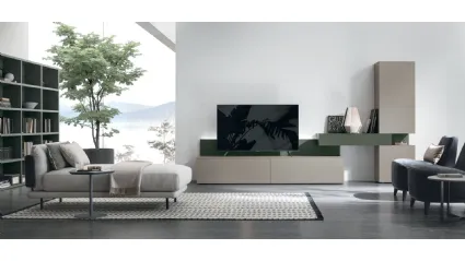 Wall unit Atlante UNIT AT133 in textured matte sand and matte lacquered wood by Tomasella.