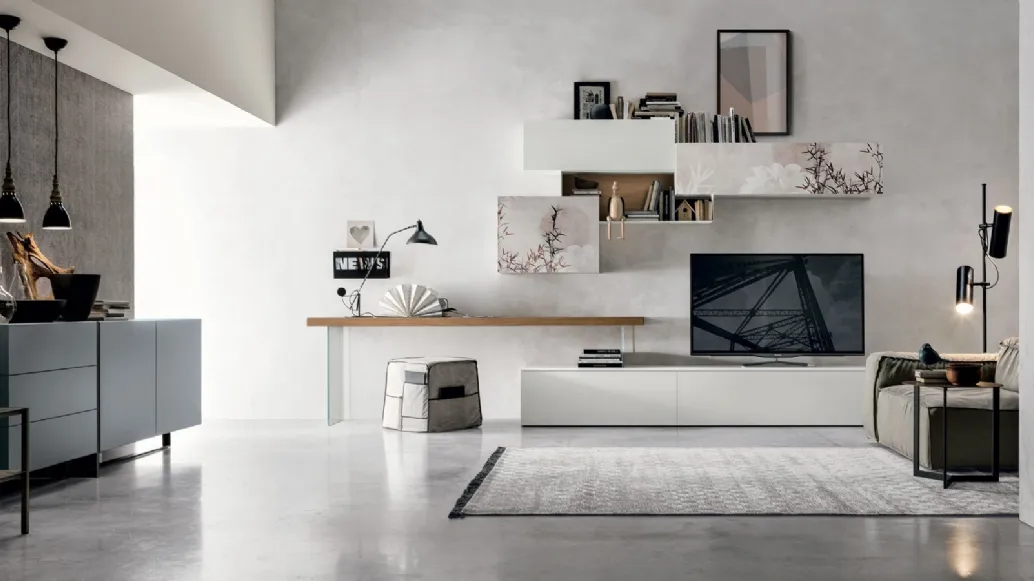 Wall Unit Atlante UNIT AT138 in matte chalk white and clear knotted material by Tomasella.