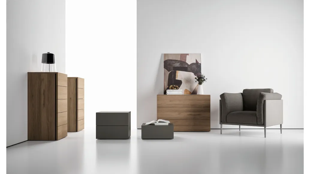 Night group by Spagnol Mobili in melamine wood effect or lacquered.