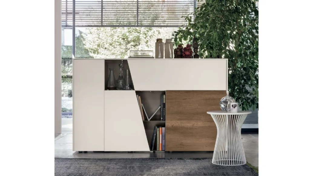 Vertical Diagonal Sideboard in matte white plaster and dark knotted textured finish by Tomasella.