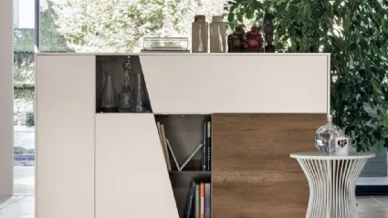 Vertical Diagonal Sideboard in matte white plaster and dark knotted textured finish by Tomasella.