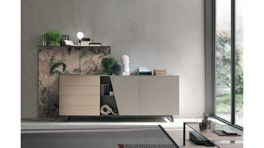 Diagonal sideboard in sand oak material and matte sand material by Tomasella.