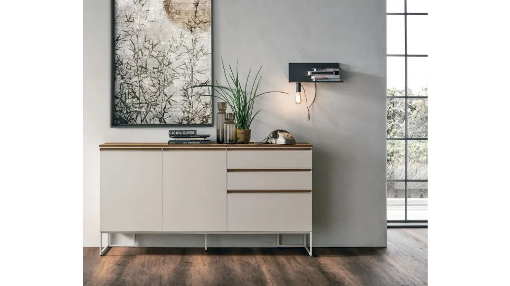 Tomasella's Regolo R05 sideboard in matte mother-of-pearl material.