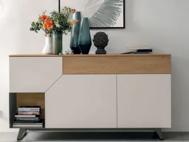 Remix X01 sideboard in matte mother-of-pearl texture, light knotted texture, and anthracite metal base by Tomasella.