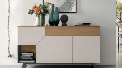 Remix X01 sideboard in matte mother-of-pearl texture, light knotted texture, and anthracite metal base by Tomasella.