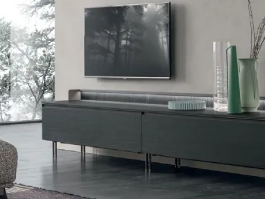 Media unit Scenario in charcoal oak with anthracite metal base and brass by Tomasella.