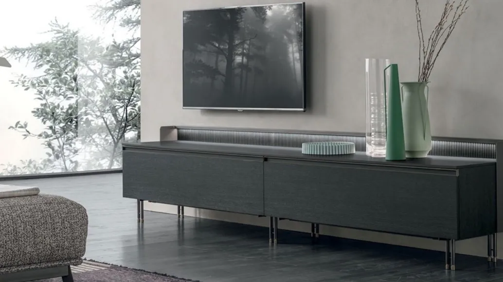 Media unit Scenario in charcoal oak with anthracite metal base and brass by Tomasella.
