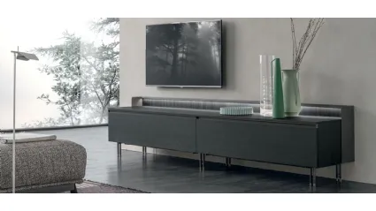 Media unit Scenario in charcoal oak with anthracite metal base and brass by Tomasella.