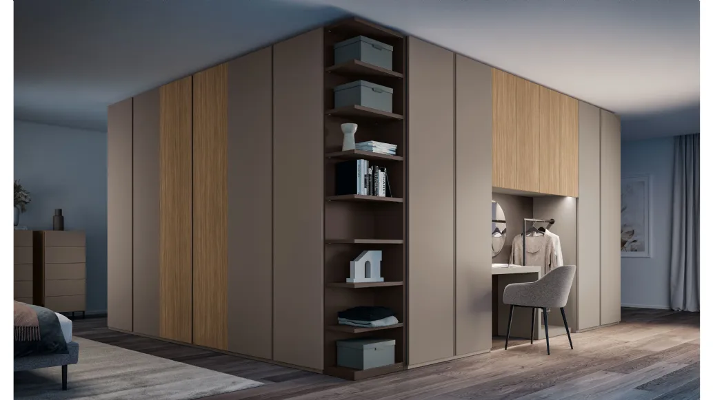 Ardecò Omega Cognac Wardrobe in matte lacquer and Spagnol Mobili's Oak.
