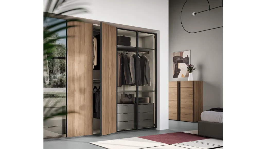 Ardecò Sestante wardrobe in walnut and glass by Spagnol Mobili