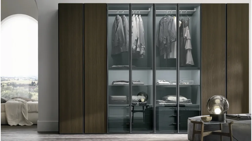 Metropolis wardrobe in thermo-treated oak with thermo-treated oak doors and smoked glass 363 by Tomasella.