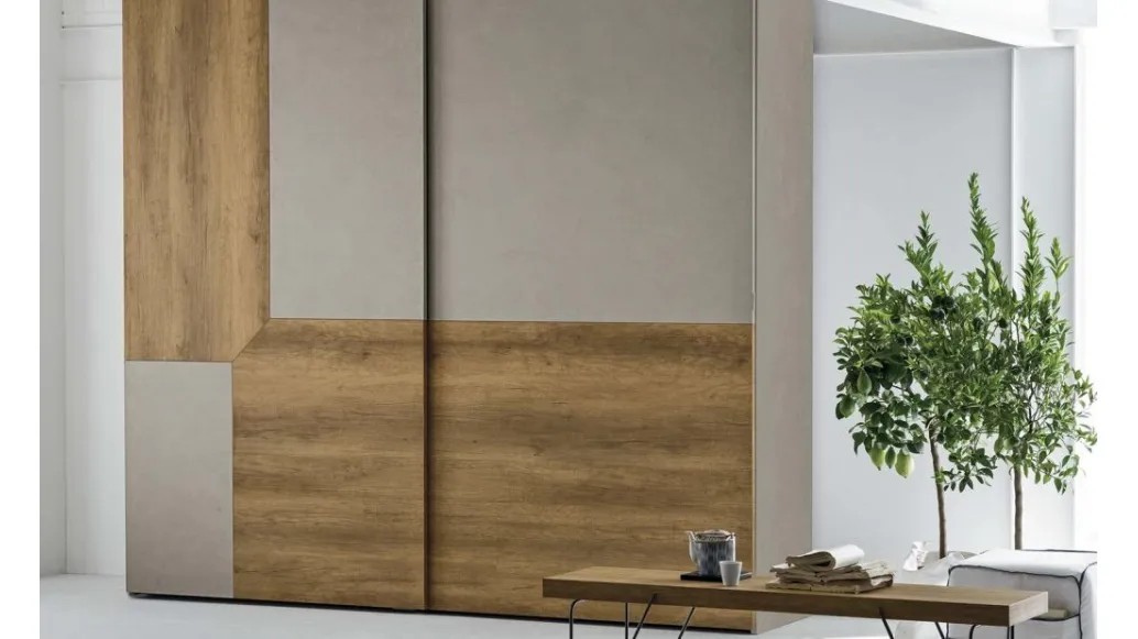 Wardrobe with sliding door Remix in cement material and light knotted material by Tomasella.