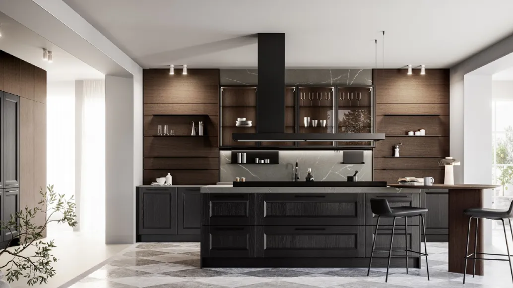 Classic kitchen with Gioiosa 02 island in black lacquer and walnut by Arredo3.