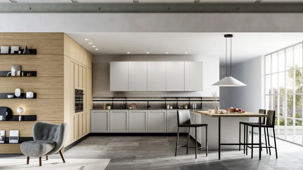 Modern kitchen with Alma 01 peninsula in PET and laminate by Arredo3