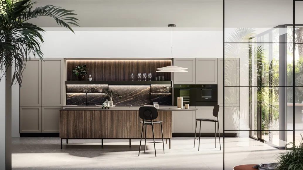 Modern kitchen with Alma 03 island in PET and laminate by Arredo3.