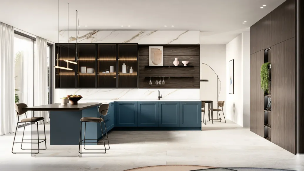 Modern kitchen with peninsula Meg 01 in lacquered and laminated by Arredo3