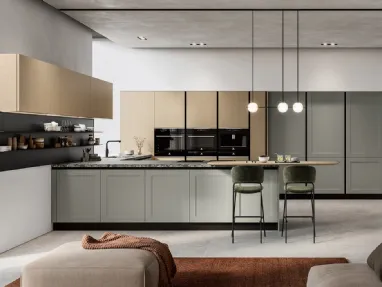 Modern kitchen with Meg 02 peninsula in lacquered and wooden finish by Arredo3.