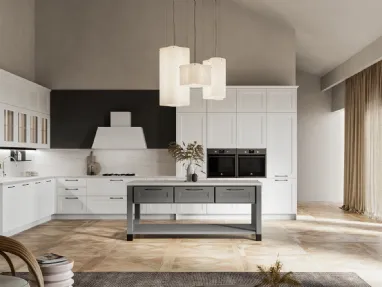 Modern corner kitchen Meg 03 in white polymer and fossil lacquered by Arredo3.