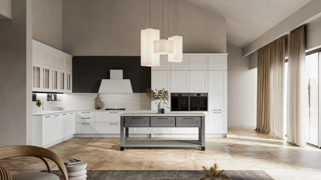Modern corner kitchen Meg 03 in white polymer and fossil lacquered by Arredo3.