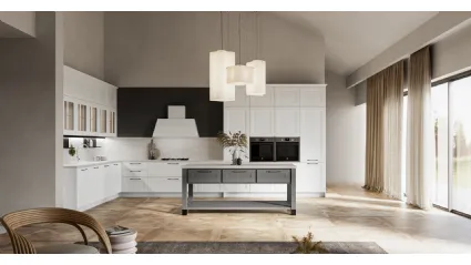 Modern corner kitchen Meg 03 in white polymer and fossil lacquered by Arredo3.