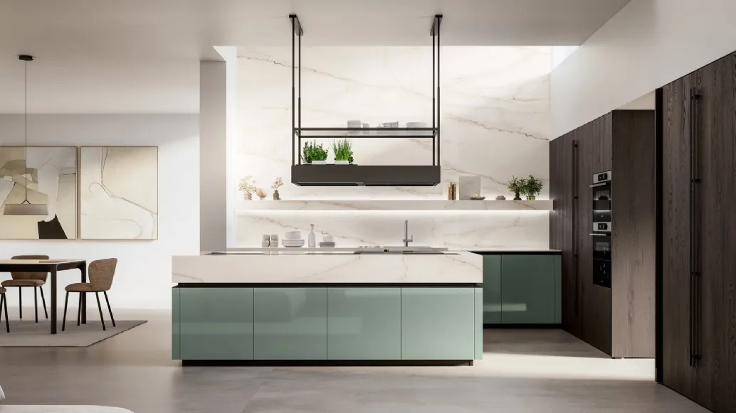 Modern kitchen with Time 04 island in glossy lacquer and ebony oak by Arredo3.