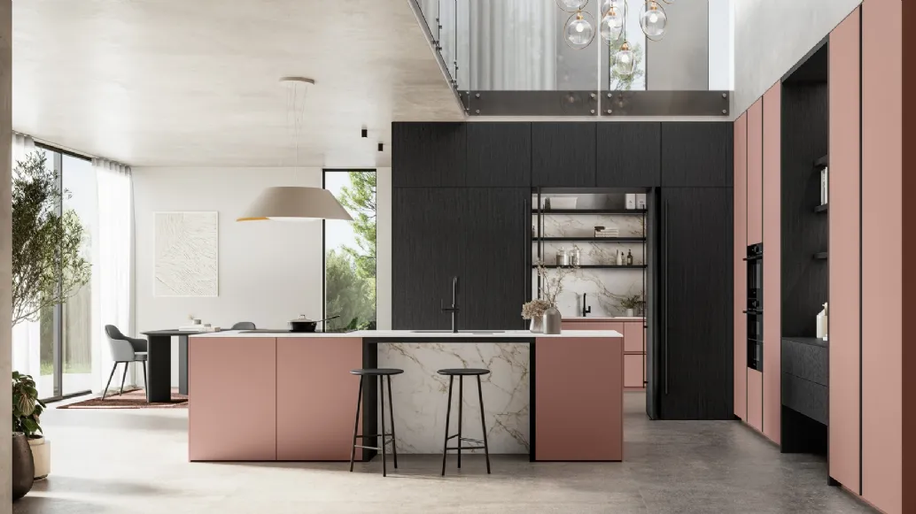 Modern kitchen with Time 06 island in matte lacquer and wood by Arredo3.
