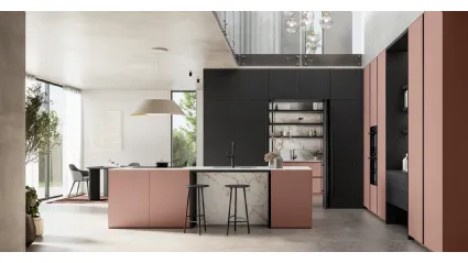 Modern kitchen with Time 06 island in matte lacquer and wood by Arredo3.